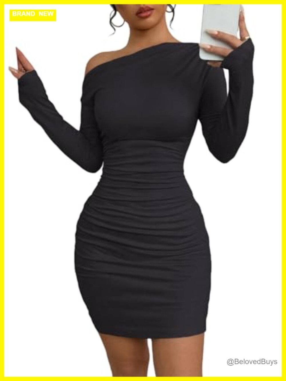 Off the Shoulder Ruched Bodycon Mini Dress Long Sleeve Club Party